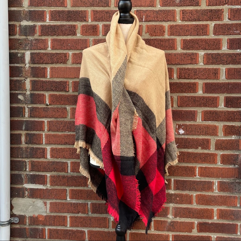 Oversized Plaid Fringe Warm Cozy Winter Fall Scarf Red Black Tan - Picture 4 of 7